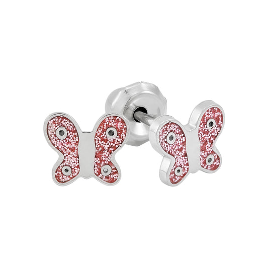 008C - Pink Glitter Butterfly Stainless Steel Earring Set