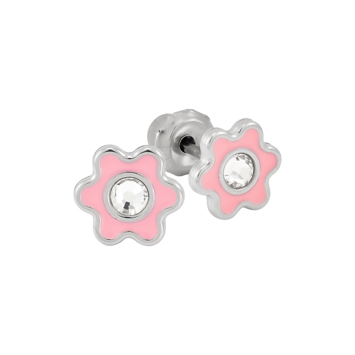 009C - Pink Enamel Flower Stainless Steel Earring Set