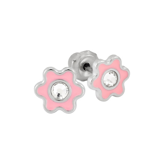 009C - Pink Enamel Flower Stainless Steel Earring Set