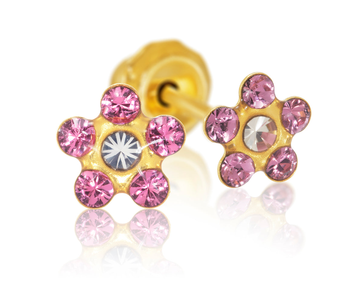 223C - Rose w/AB Crystal Daisy Flower 14K Gold Earring Set