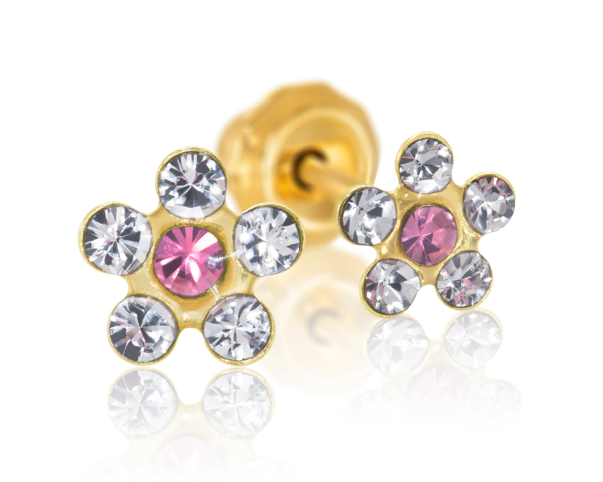 226C - Crystal w/ Rose Daisy Flower 14K Yellow Gold Earring Set