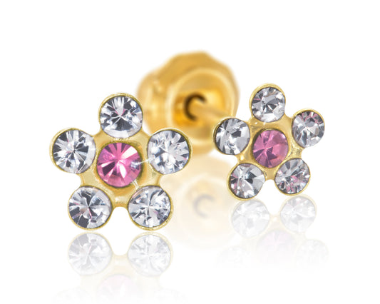 226C - Crystal w/ Rose Daisy Flower 14K Yellow Gold Earring Set