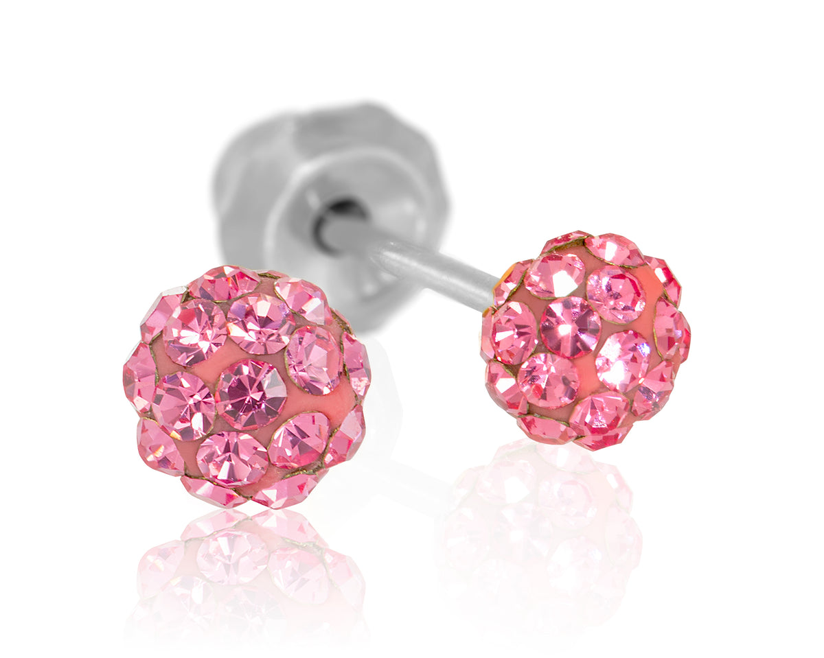 588C - 4mm Pink Pave Sphere Stainless Steel Earring Set
