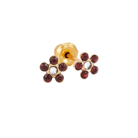 781C - January Garnet w/Crystal Daisy Flower 14K Yellow Gold Earring Set