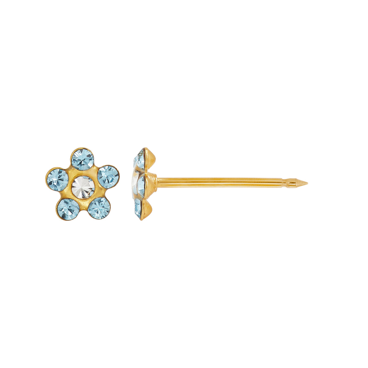 783C - March Aquamarine + Crystal Daisy Flower 14K Yellow Gold Earring Set