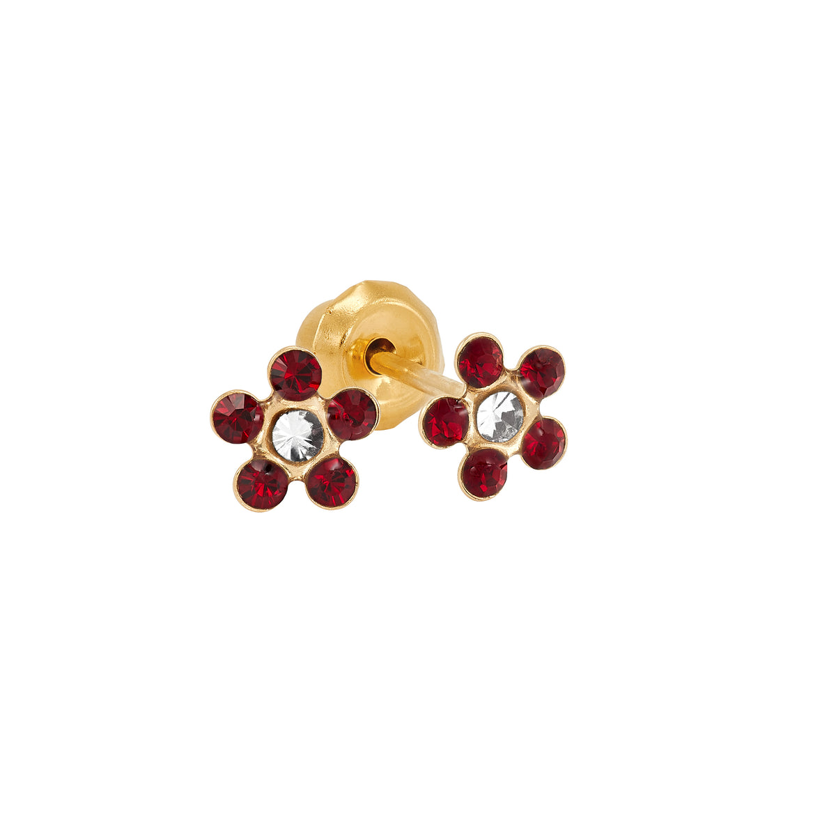 787C - July Ruby w/Crystal Daisy Flower 14K Gold Earring Set