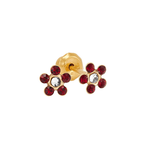 787C - July Ruby w/Crystal Daisy Flower 14K Gold Earring Set