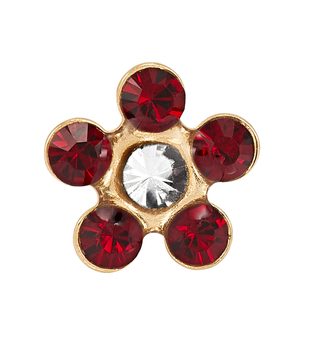 787C - July Ruby w/Crystal Daisy Flower 14K Gold Earring Set