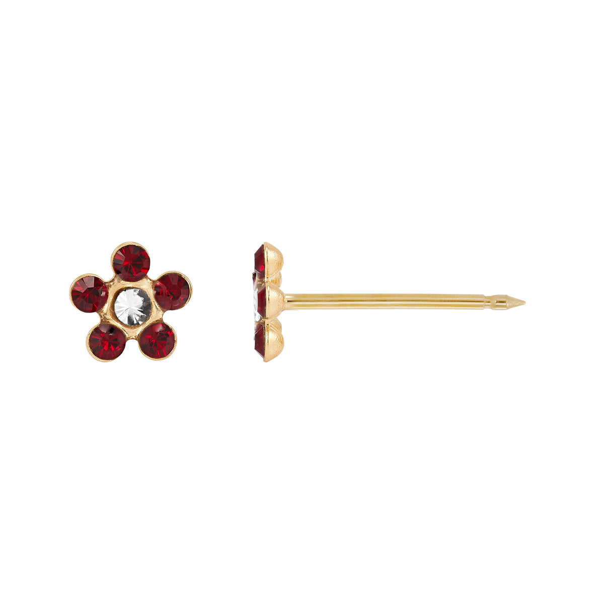 787C - July Ruby w/Crystal Daisy Flower 14K Gold Earring Set