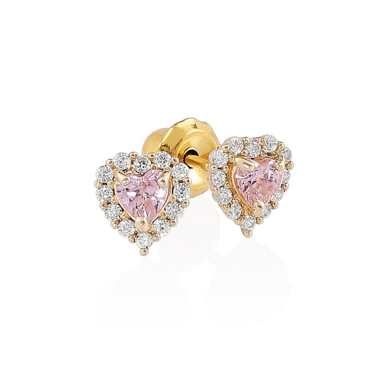870C - Pink Cubic Zirconia Heart w/ Halo 14K Yellow Gold Earring Set