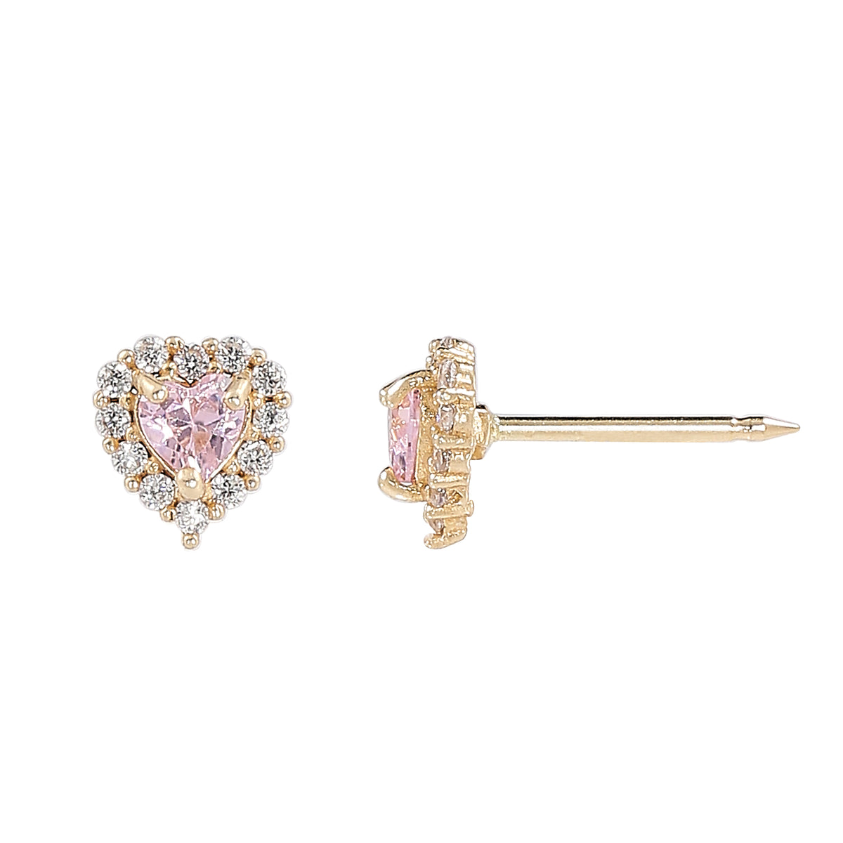 870C - Pink Cubic Zirconia Heart w/ Halo 14K Yellow Gold Earring Set